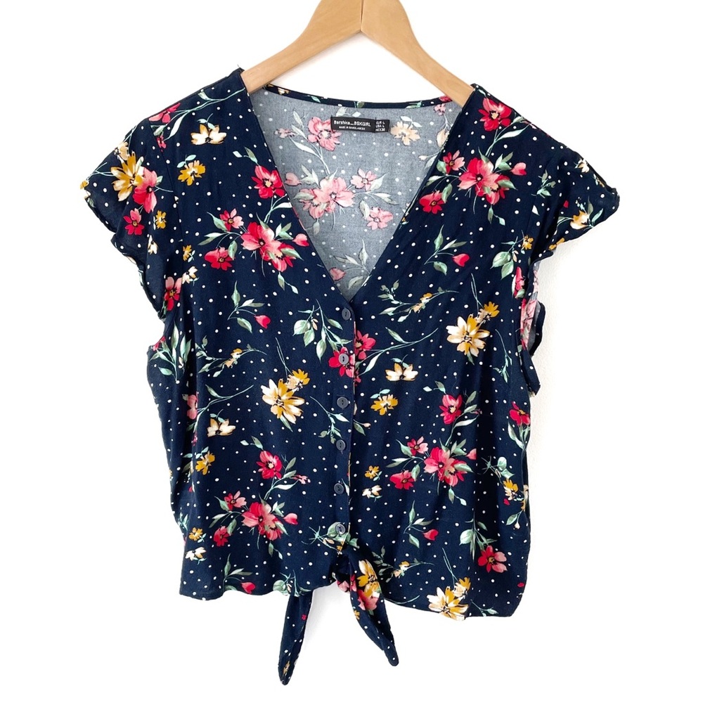 Blue Bershka Tie Front Button Sleeve Blouse